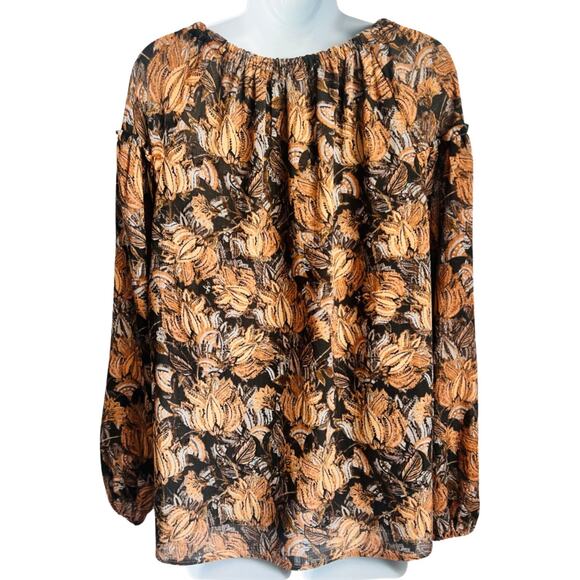 Jane and Delancey Orange Black Brown Peasant Ruffle Blouse Size L Boho Tassels - Picture 7 of 12